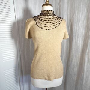 Evie Sweater Blouse Size L Women's Y2k Gold Metallic Beaded Short Sleeve Top
